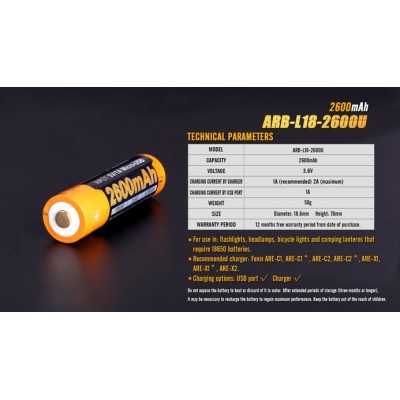 Batteria Ricaricabile 2600mAh 18650 Li-on MICRO Usb FENIX